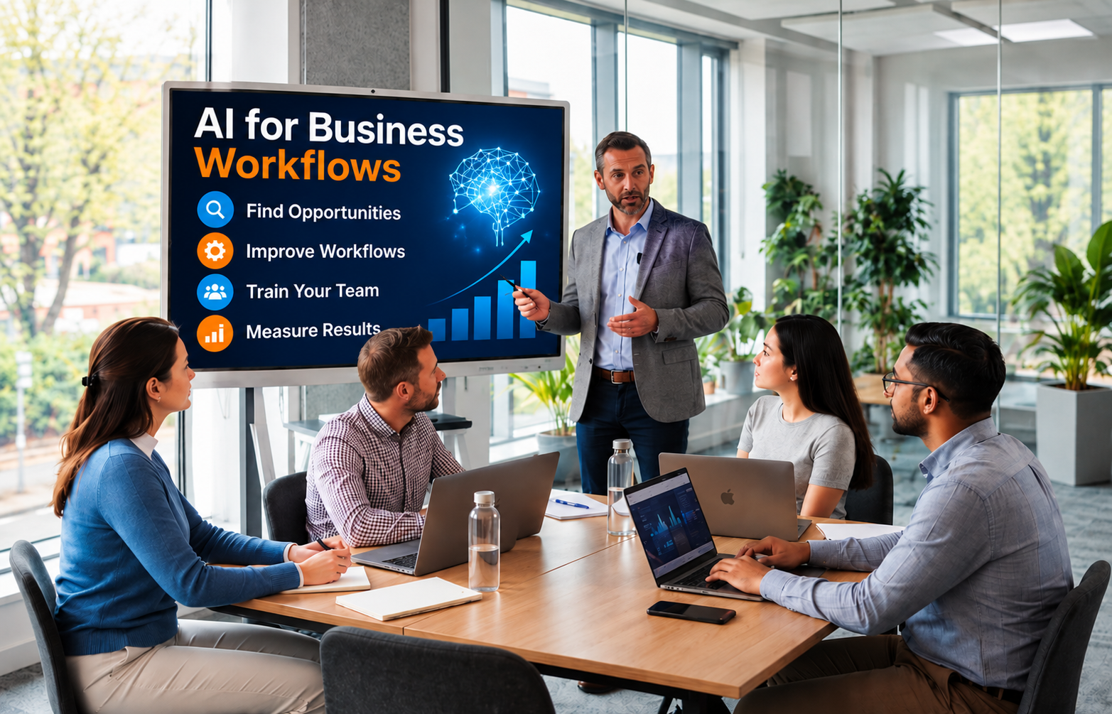Business team discussing AI workflow improvements and employee training through AI Advantage by Ohio Computer Academy.
