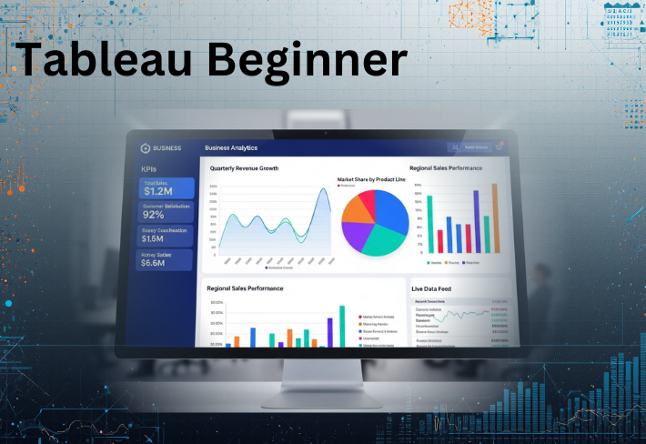 Business intelligence dashboard with charts and graphs representing Tableau data visualization training