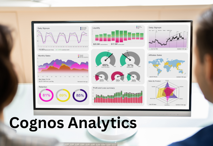 Business intelligence dashboards and reporting charts on screen representing IBM Cognos analytics training program