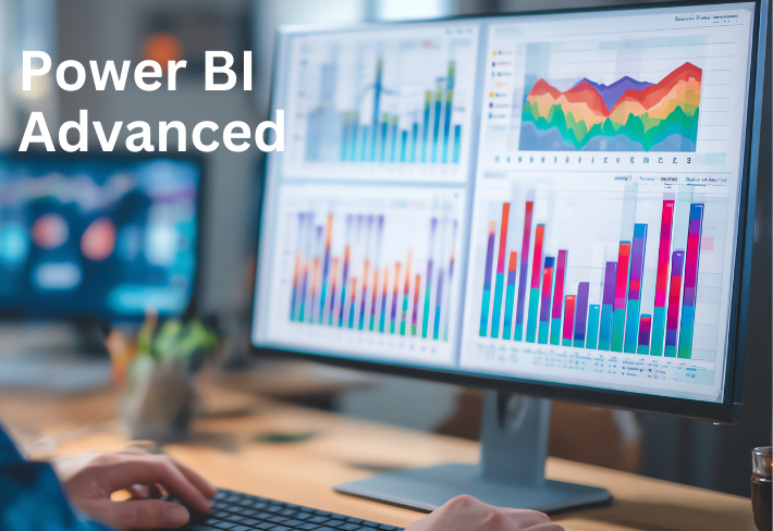 Advanced Power BI dashboards and data modeling visuals on monitor representing enterprise BI training program